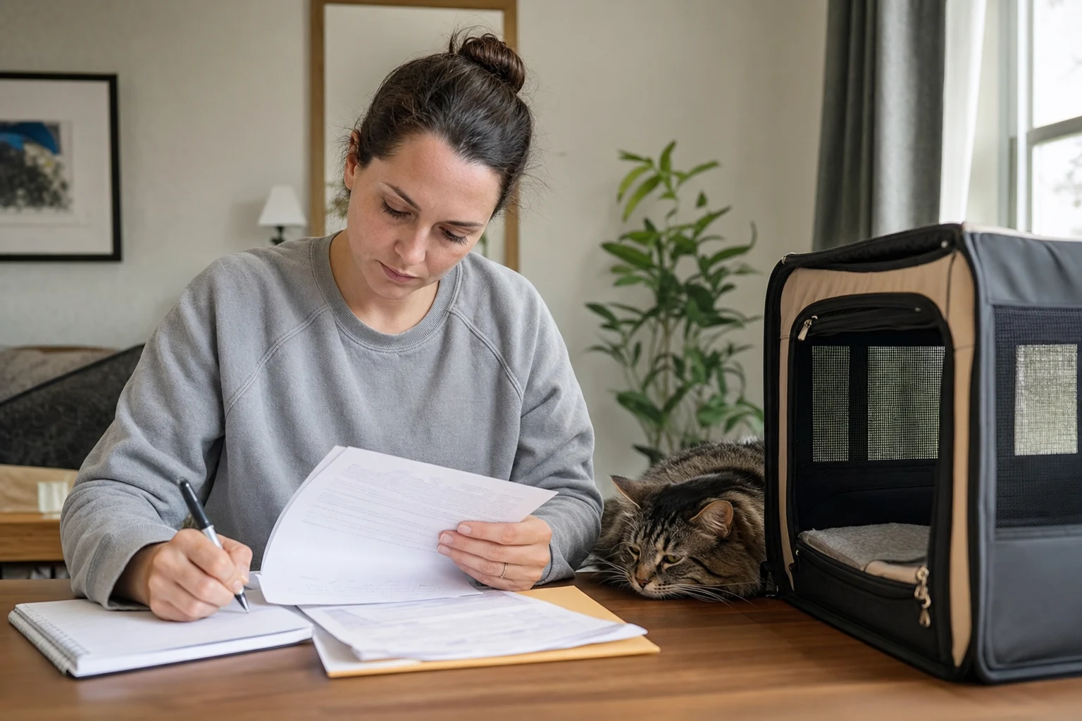 A cat owner reviewing veterinary papers and writing follow-up actions after a visit