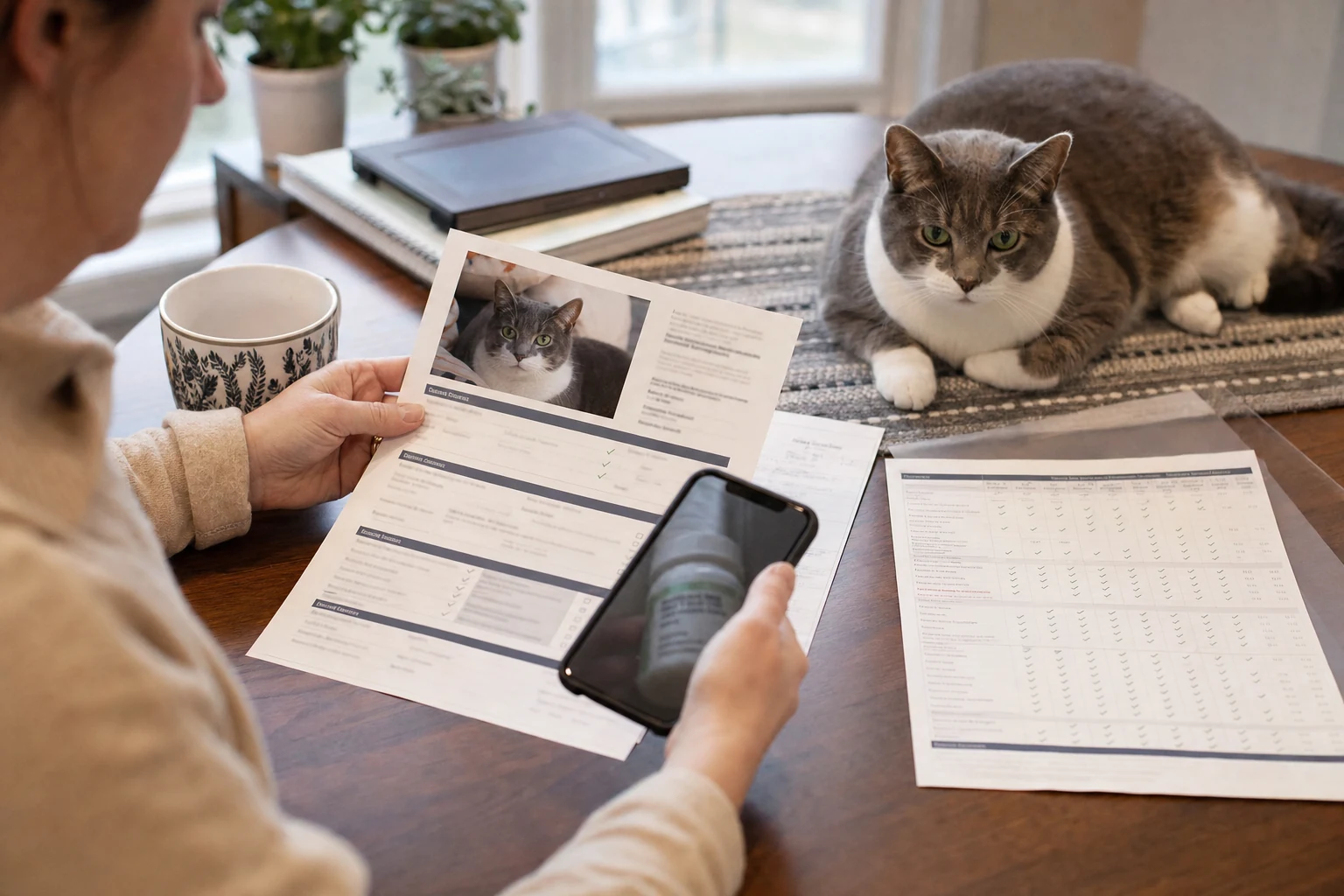 An owner assembling identification, care notes, and veterinary documents for a pet health record