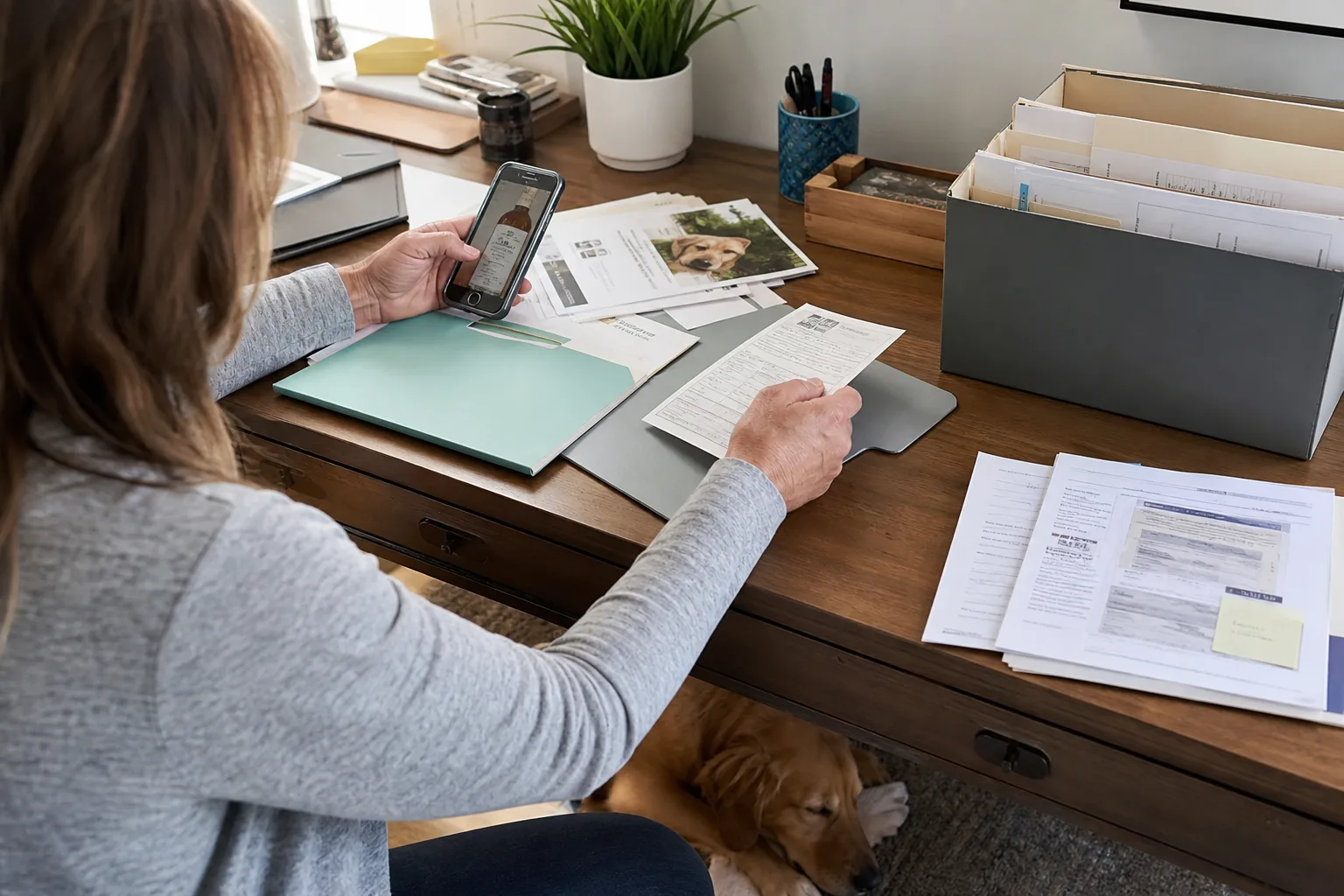 A dog owner sorting pet health papers into a current folder and an archive