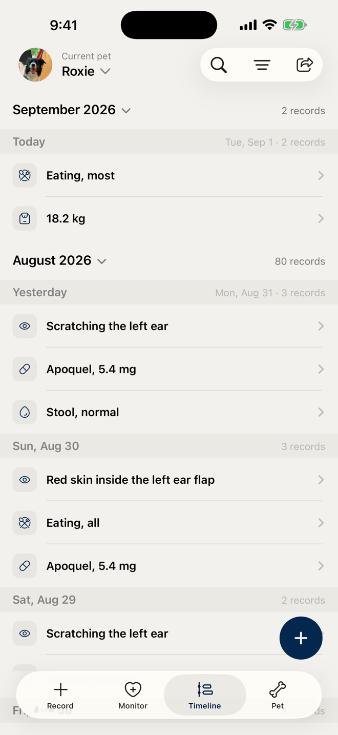A week of dated records for Roxie in the CovePet timeline.
